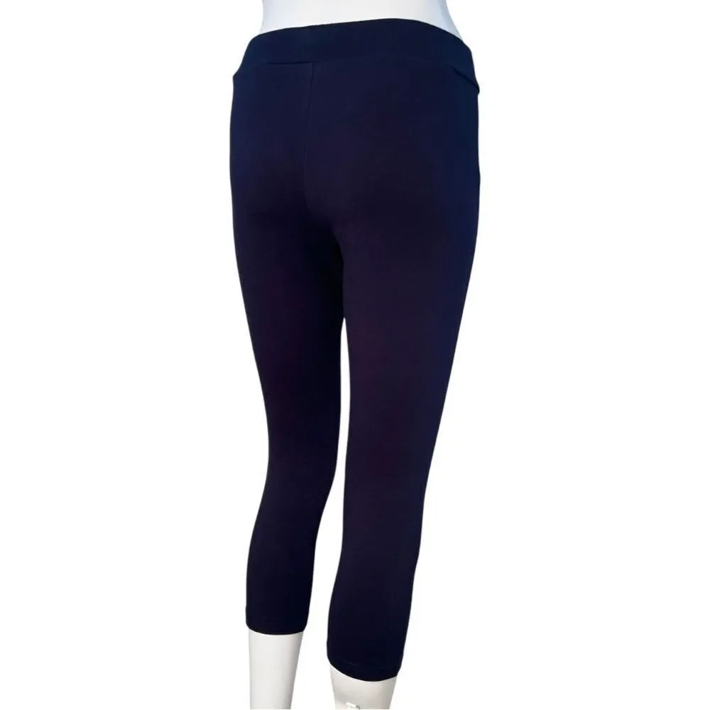 HUE Wide Waistband Blackout Cotton Cropped Leggings NWOT - Navy
